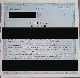 Certificat de absolvire — Specialist în activitatea de coaching, cu datele personale redactate